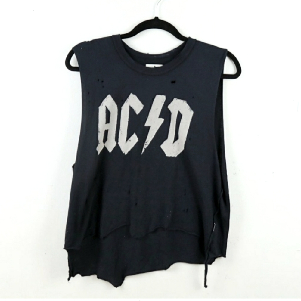 Rare UNIF - AC|D - Distressed Raw Hem Sleeveless Punk (Not AC/DC) Muscle Tee